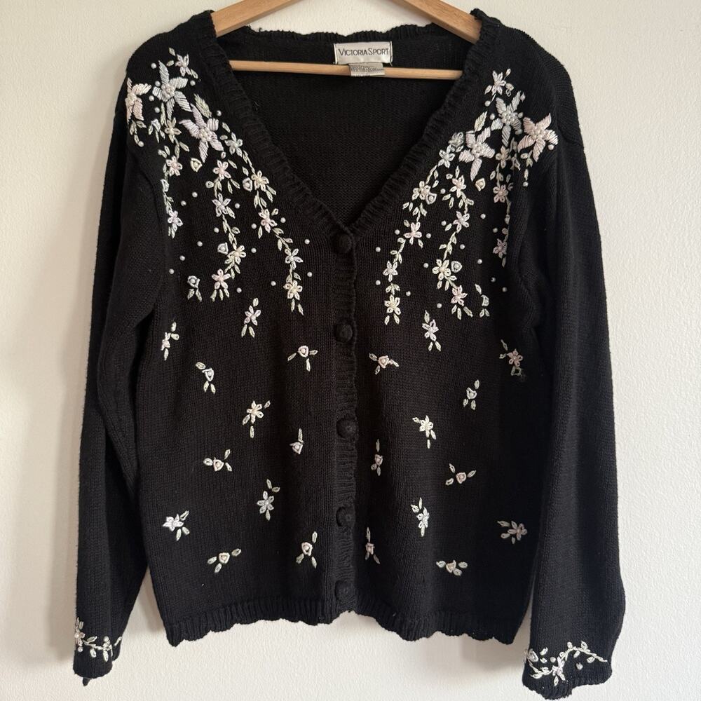 Vintage Victoria Sport Floral Embroidered Pearl Cottagecore Ramie Cardigan Small